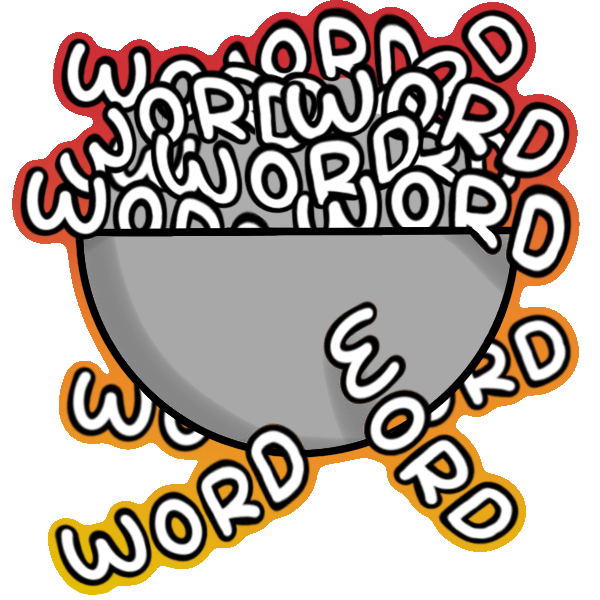 a grey bowl with a bunch of the word 'word' piled into it and spilling out of it. The entire thing is outlined in red, orange, and yellow